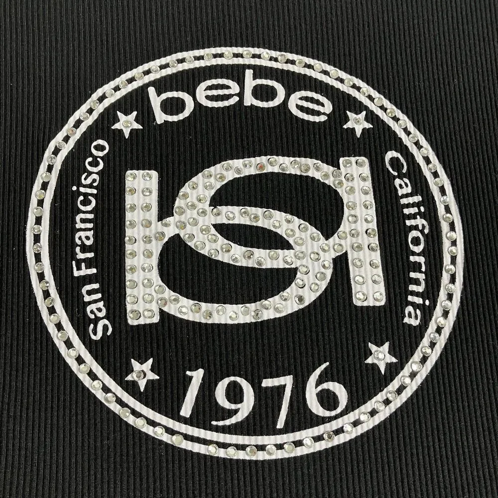 Bebe Top Womens M Black McBling Rhinestone Y2K Logo Stretch Ribbed Short Sleeve - Picture 2 of 10